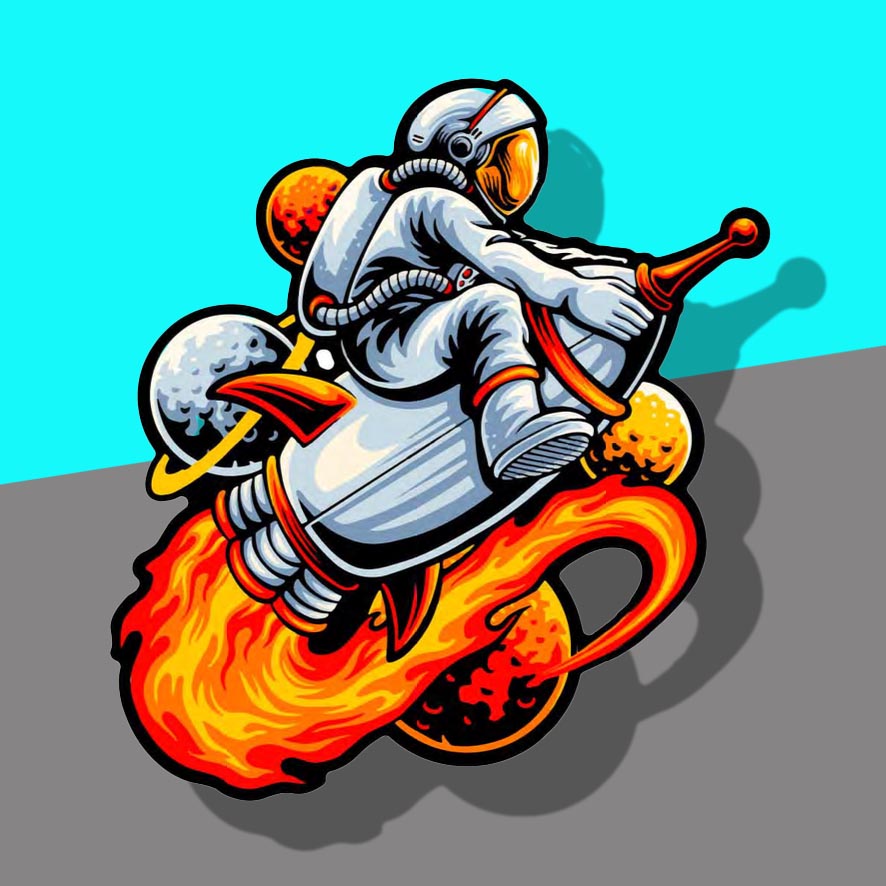 Astronaut on flaming rocket
