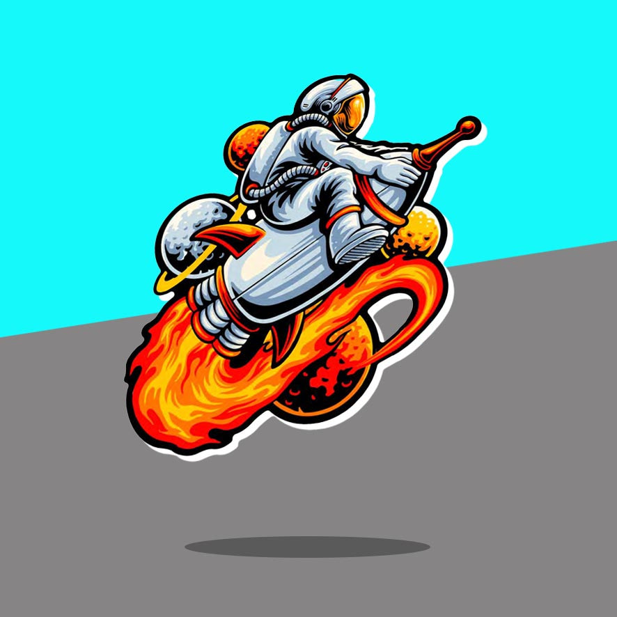 Astronaut on flaming rocket
