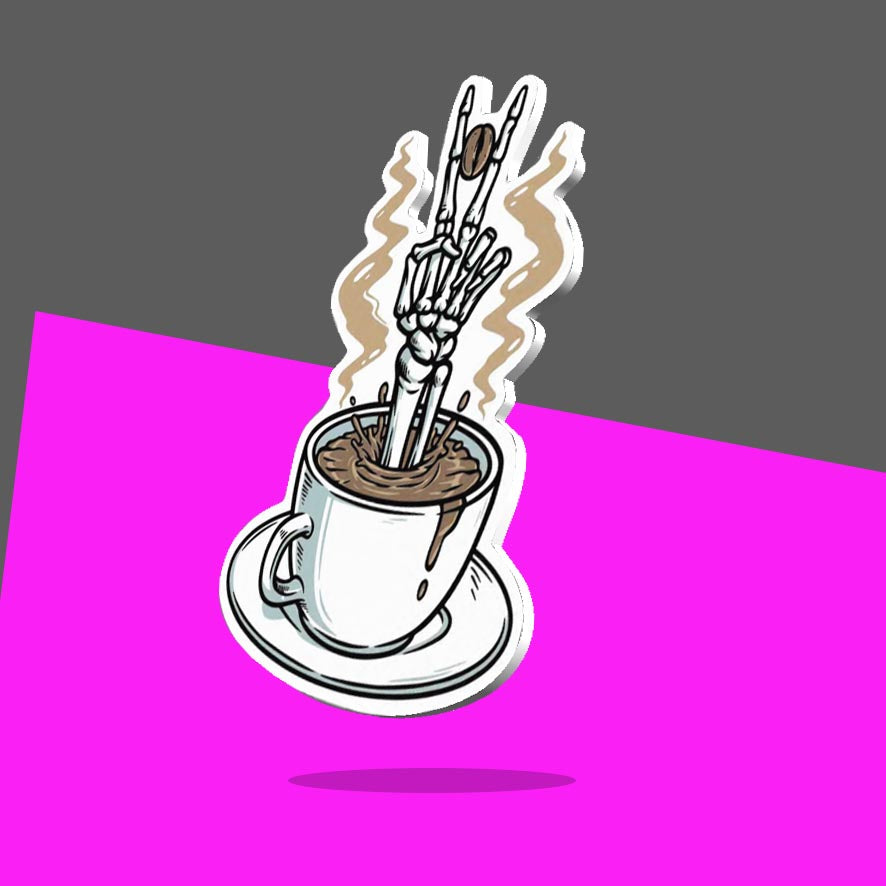 Skeleton hand coming out of coffee cup