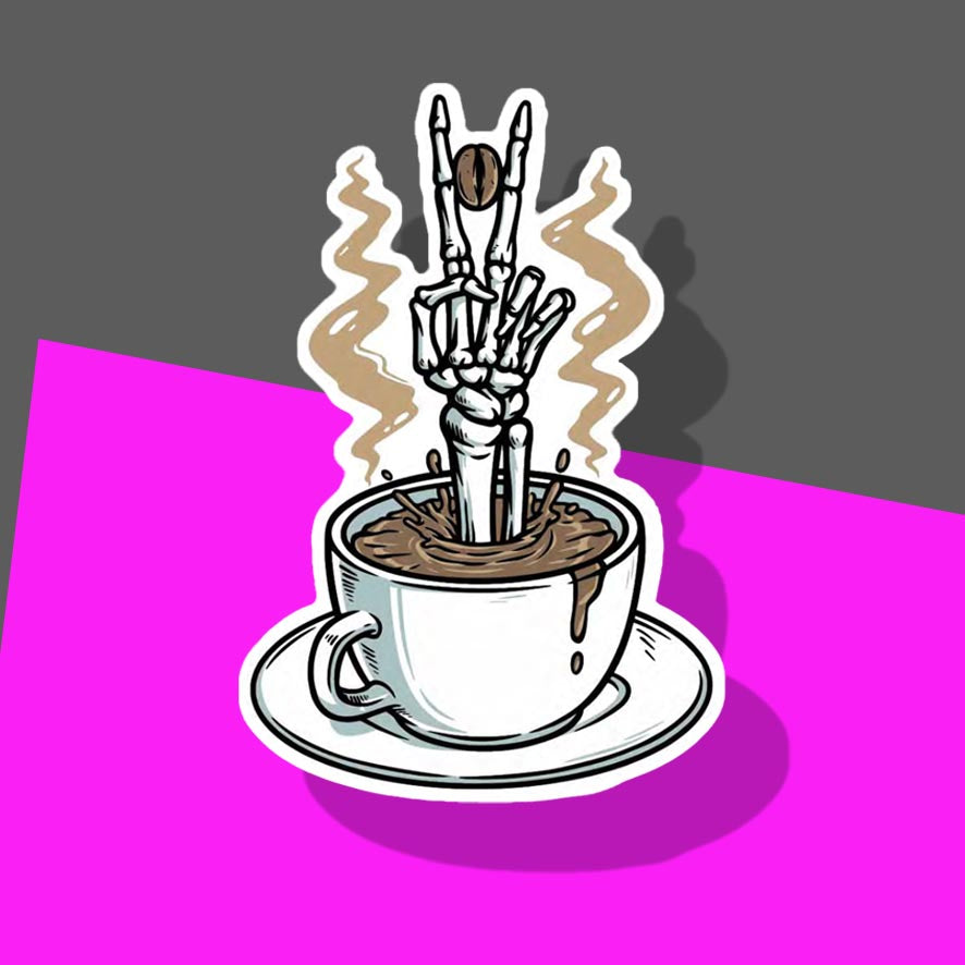 Skeleton hand coming out of coffee cup