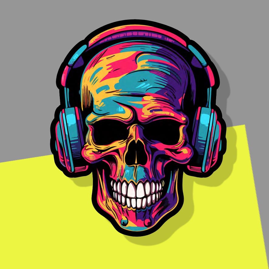 Multi-coloured painted Skull with headphones