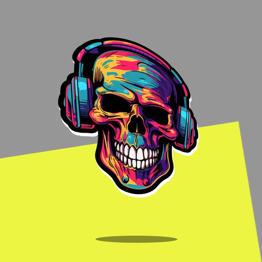 Multi-coloured painted Skull with headphones