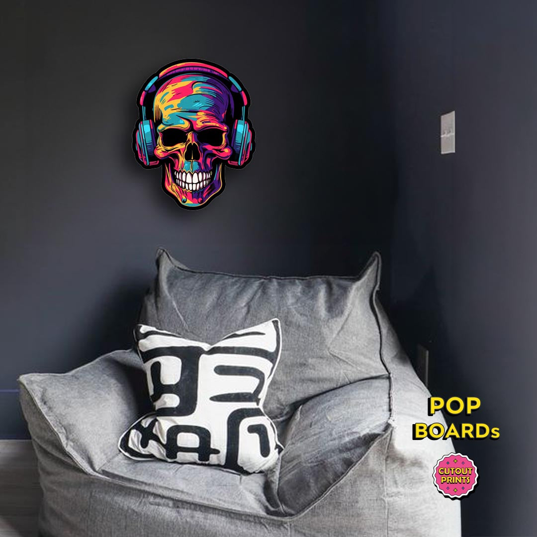 Multi-coloured painted Skull with headphones
