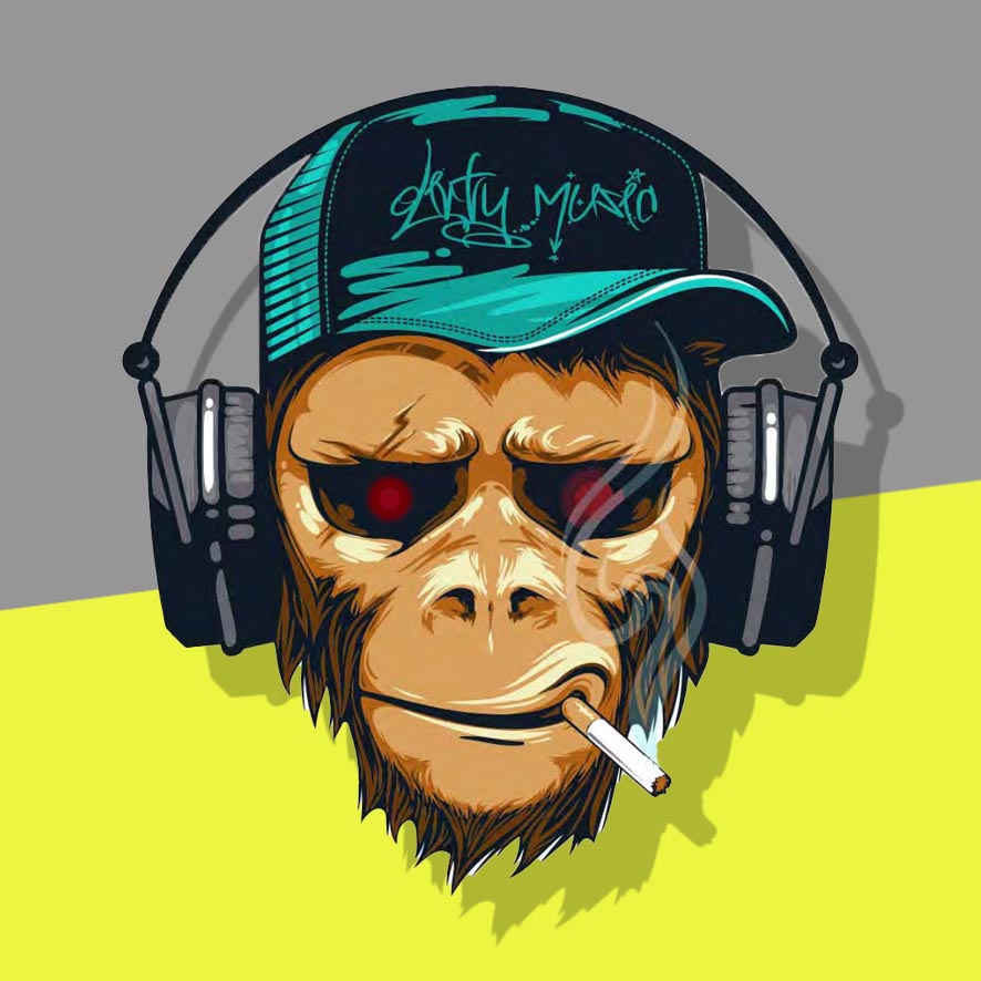 Cyborg monkey face with headphones