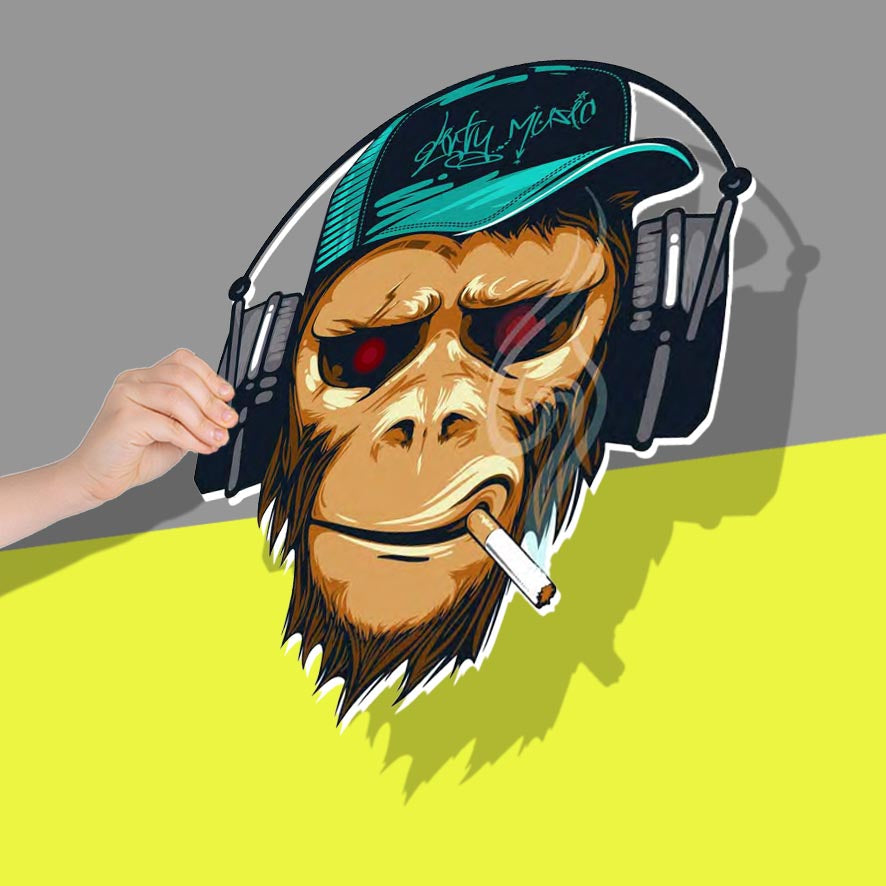 Cyborg monkey face with headphones