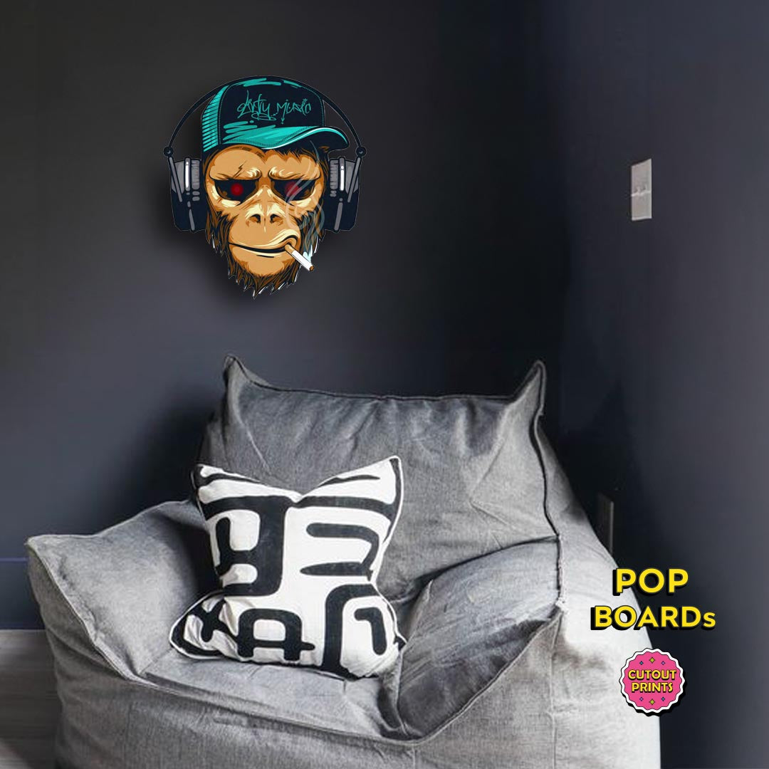 Cyborg monkey face with headphones