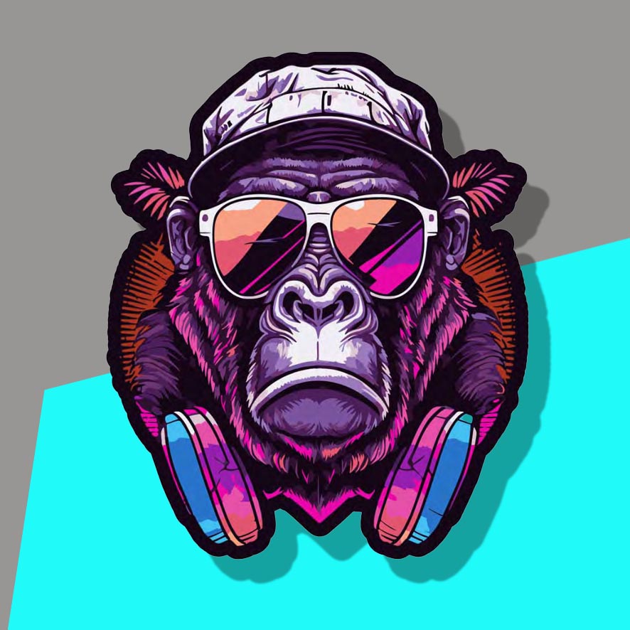 Pink Neon Gorilla with hat and headphones