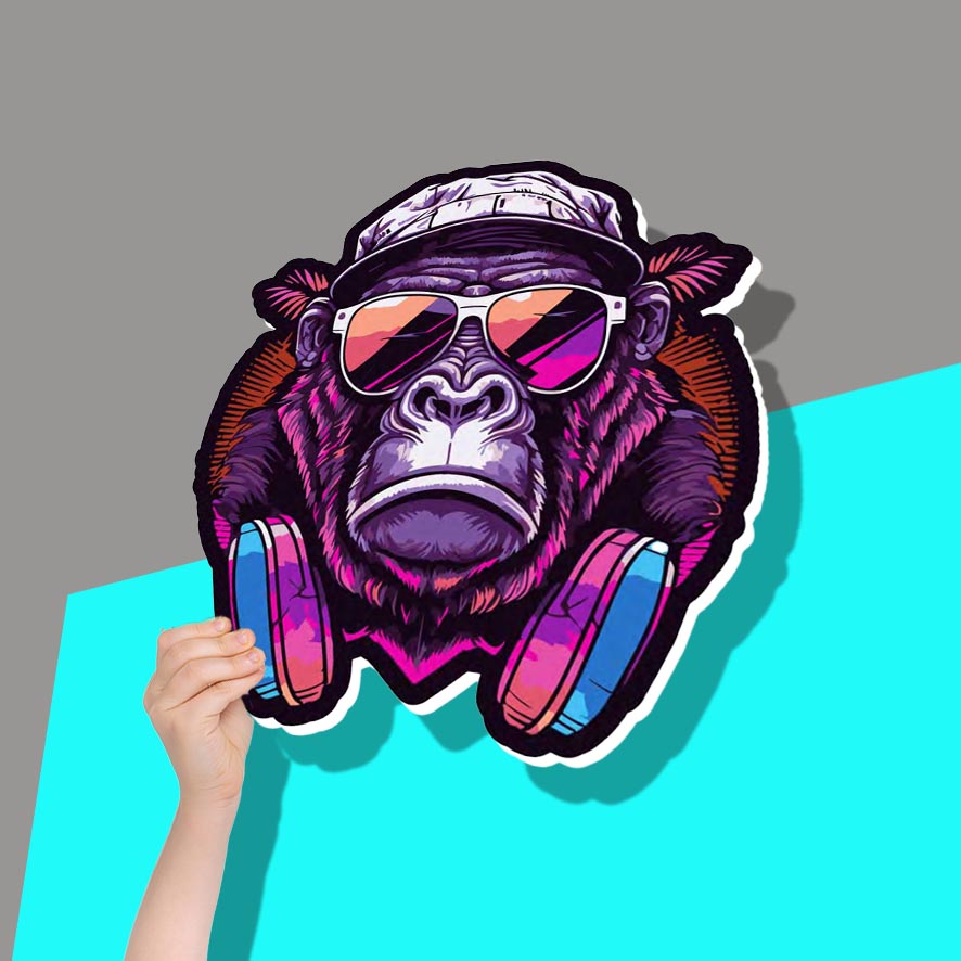 Pink Neon Gorilla with hat and headphones