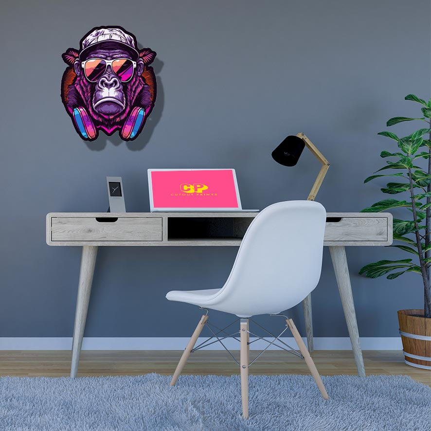 Pink Neon Gorilla with hat and headphones