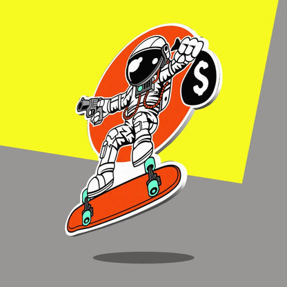 Skateboarding Astronaut with swag bag