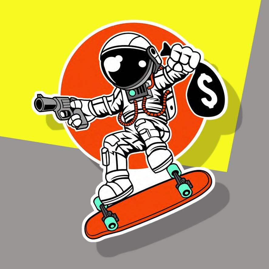 Skateboarding Astronaut with swag bag