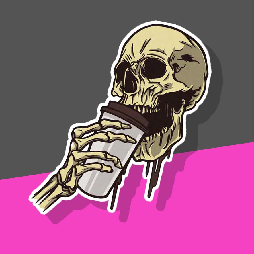 Skull drinking takeout coffee