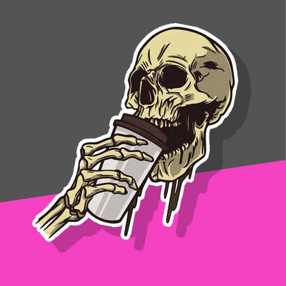 Skull drinking takeout coffee